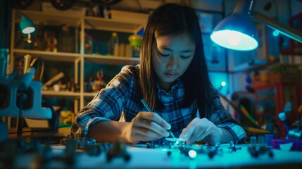 Young Asian girl focusing on assembling electronic parts in a colorful, organized workshop.