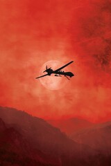Fototapeta na wymiar A lone drone flying against a backdrop of a blood-red sunset symbolizing the desolation of war