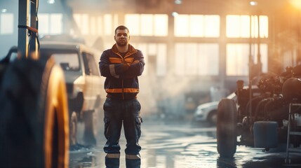 Confident mechanic standing with arms crossed in a sunlit automotive workshop surrounded by machinery.
