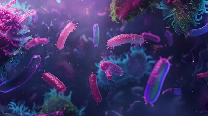 Vibrant mixed microbial cultures background: bacteria, viruses, and fungi in a dynamic display of biology, science, and medicine - illustration