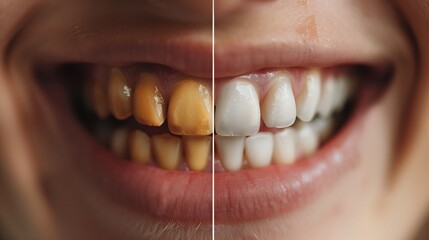 Close-up comparison of stained teeth before and after whitening treatment.