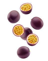 Falling Passionfruit isolated on white background, full depth of field