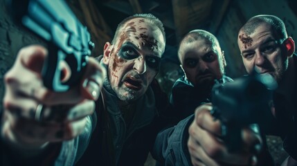 Fototapeta premium Three intense men with dramatic face paint aiming guns directly at the viewer in a dark setting.