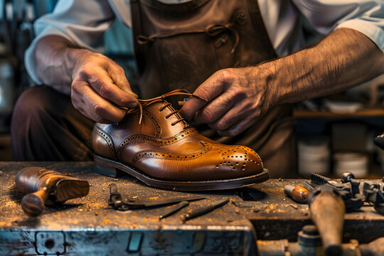 A skilled craftsman meticulously handcrafts a pair of elegant leather shoes in a traditional workshop