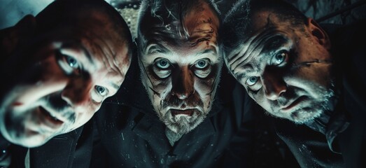 Close-up image of four men with distressed, intense expressions, gazing directly at the camera. - Powered by Adobe