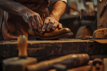 A skilled craftsman meticulously handcrafts a pair of elegant leather shoes in a traditional workshop