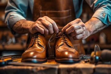 A skilled craftsman meticulously handcrafts a pair of elegant leather shoes in a traditional workshop