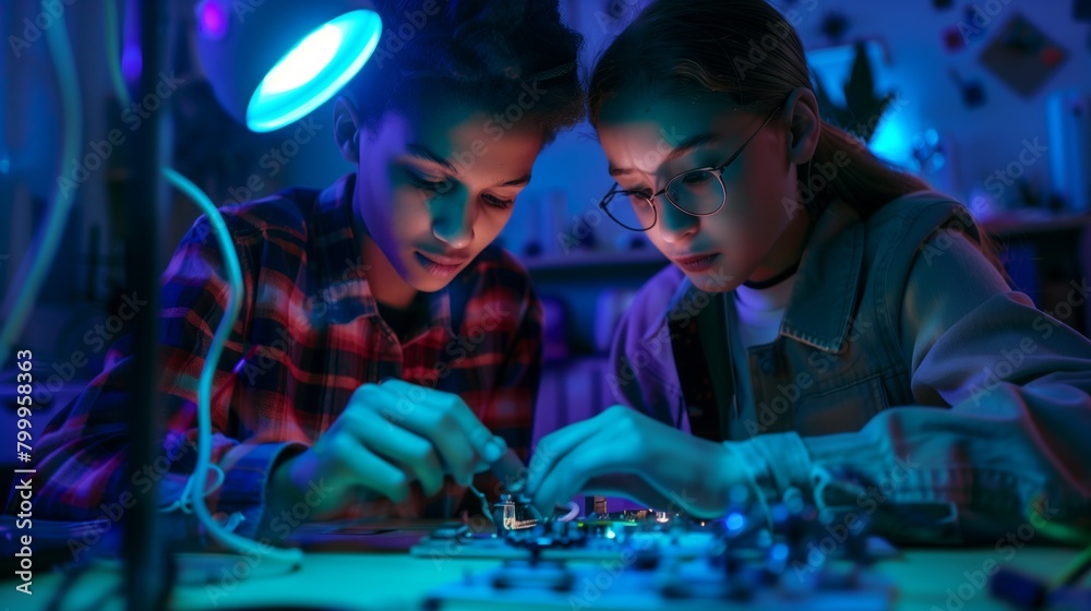 Wall mural Two young girls engrossed in assembling electronic components, illuminated by colorful neon lights.