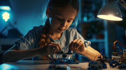 Naklejka premium Young girl focused on assembling an electronic circuit in a dimly lit room.