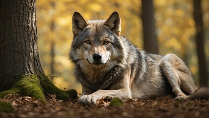  wolf is lying on the forest