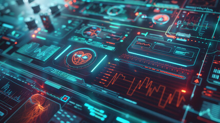 Fototapeta premium a smart healthcare system where wearable devices continuously monitor vital signs and AI analyzes data to predict and prevent medical emergencies.