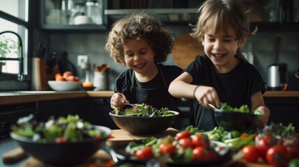 Two joyful young children prepare a salad in a modern kitchen with fresh vegetables around them.