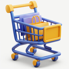 A 3d rendering of a shopping cart with a purple and yellow shopping bag inside of it. The cart is blue with yellow wheels and a yellow sign on the front.