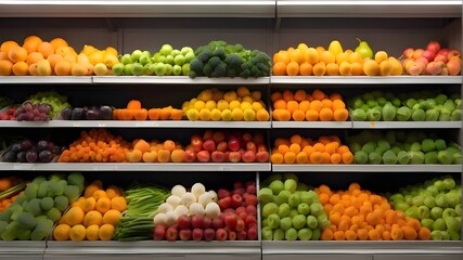 a store display of fruits and vegetables including broccoli cucumber and melons