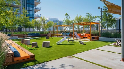 Modern urban rooftop dog park with artificial turf, agility equipment, and shaded seating areas.