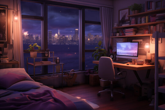 Cozy bedroom with computer desk beside window with cityscape background at night