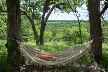 A cozy hammock stretched between two trees, gently swaying in the breeze as it offers a perfect...