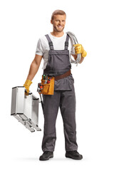 Electrician carrying cables and a ladder