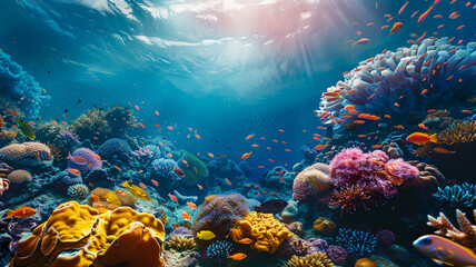 beautiful sea ocean landscape background with coral reefs, anemones, turtles, clown fish, nemo. Deep blue sea with big whale - obrazy, fototapety, plakaty