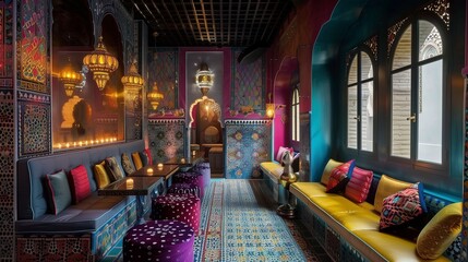Moroccan-inspired interiors with vibrant colors, intricate tilework, and plush seating.
