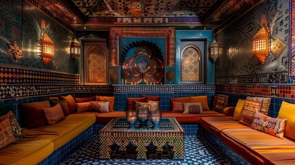 Moroccan-inspired interiors with vibrant colors, intricate tilework, and plush seating.
