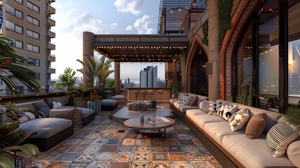 Moroccan-inspired rooftop lounge with mosaic tile flooring, cushioned seating areas, and panoramic...
