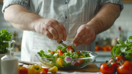 Close-up of a man preparing a fresh vegetable salad in a kitchen environment. - Powered by Adobe