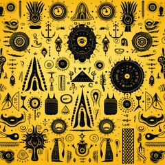 Set of indian symbols and elements on yellow background. Vector illustration