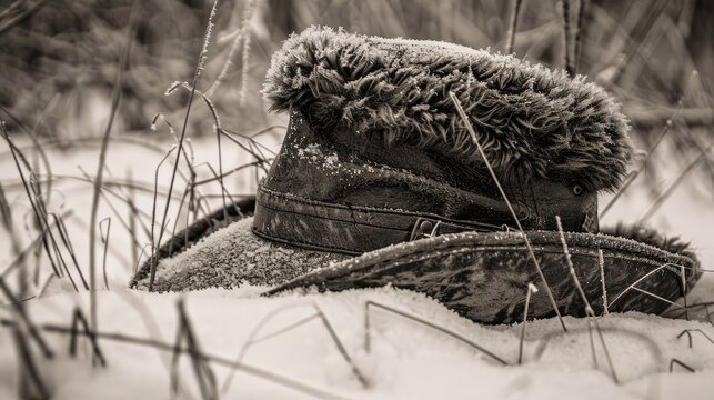 Abandoned winter hat in the snow.