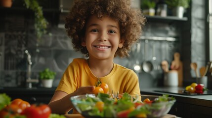 Cheerful young boy with curly hair preparing salad in modern kitchen, promoting healthy eating.