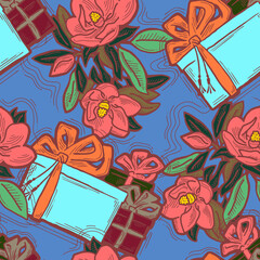 Gift box, ribbon and flowers seamless vector pattern for wrapping present with bow, party celebration, sale promotion, Textile print, fabric design, banner background. Hand drawn style illustration.