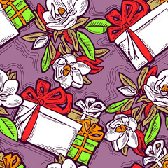 Gift box, ribbon and flowers seamless vector pattern for wrapping present with bow, party celebration, sale promotion, Textile print, fabric design, banner background. Hand drawn style illustration.