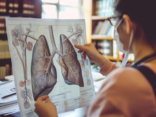 Medical student studying anatomical charts of lungs, library setting, soft overhead light, close view