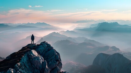 A person stands atop a mountain peak, their gaze fixed on the breathtaking view below, capturing a moment of awe and achievement.