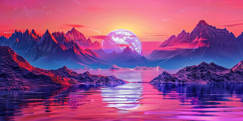 Landscape with mountains, Trendy neon synth 