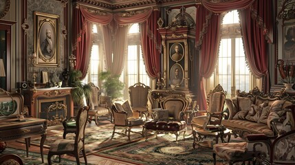 Fototapeta na wymiar Victorian elegance with ornate furniture, rich fabrics, and intricate details.