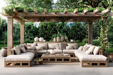Luxurious wooden pergola with comfortable sofas and cushions, surrounded by nature for enhanced decoration, part of interior photography concepts, reflects deco