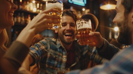 Group of happy friends toasting with beer mugs in a lively bar atmosphere.