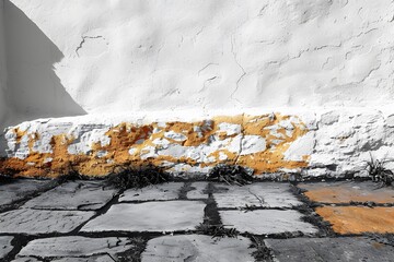 Time-Worn Historic White Wall with Rustic Orange Textures and Cobblestone Path