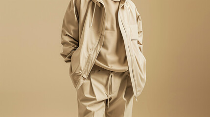 Fashion forward image of a person dressed in a beige outfit on a matching background.