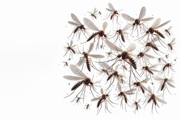 A swarm of flying mosquitoes. Space for text.