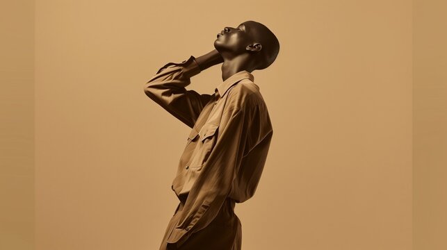 Elegant bald model in a beige outfit posing with a graceful gesture against a monochrome background.
