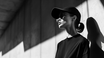Monochrome image of a stylish woman in a cap and sunglasses, with a strong shadow.