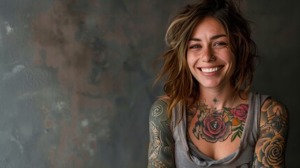 Joyful tattooed young woman with a bright smile and colorful arm tattoos, posing against a textured wall.