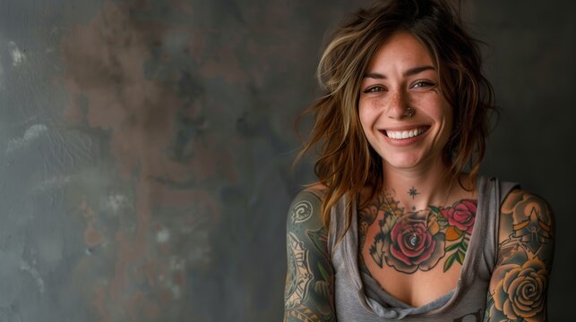 Joyful tattooed young woman with a bright smile and colorful arm tattoos, posing against a textured wall.