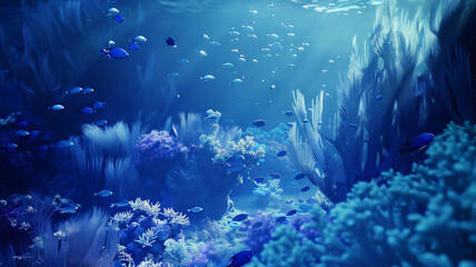 Fototapeta na wymiar beautiful sea ocean landscape background with coral reefs, anemones, turtles, clown fish, nemo. Deep blue sea with big whale