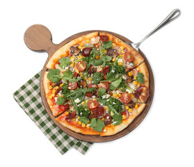 Delicious vegetarian pizza with cheese, mushrooms, vegetables and greens isolated on white, top view