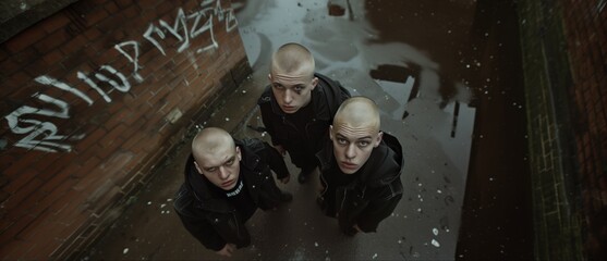 Three bald men staring upwards intensely in a gritty urban alleyway with graffiti and water...