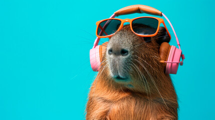 Portrait of a happy cool capybara in sunglasses and pink headphones on an isolated blue background.