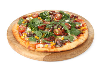 Delicious vegetarian pizza with cheese, mushrooms, vegetables and greens isolated on white